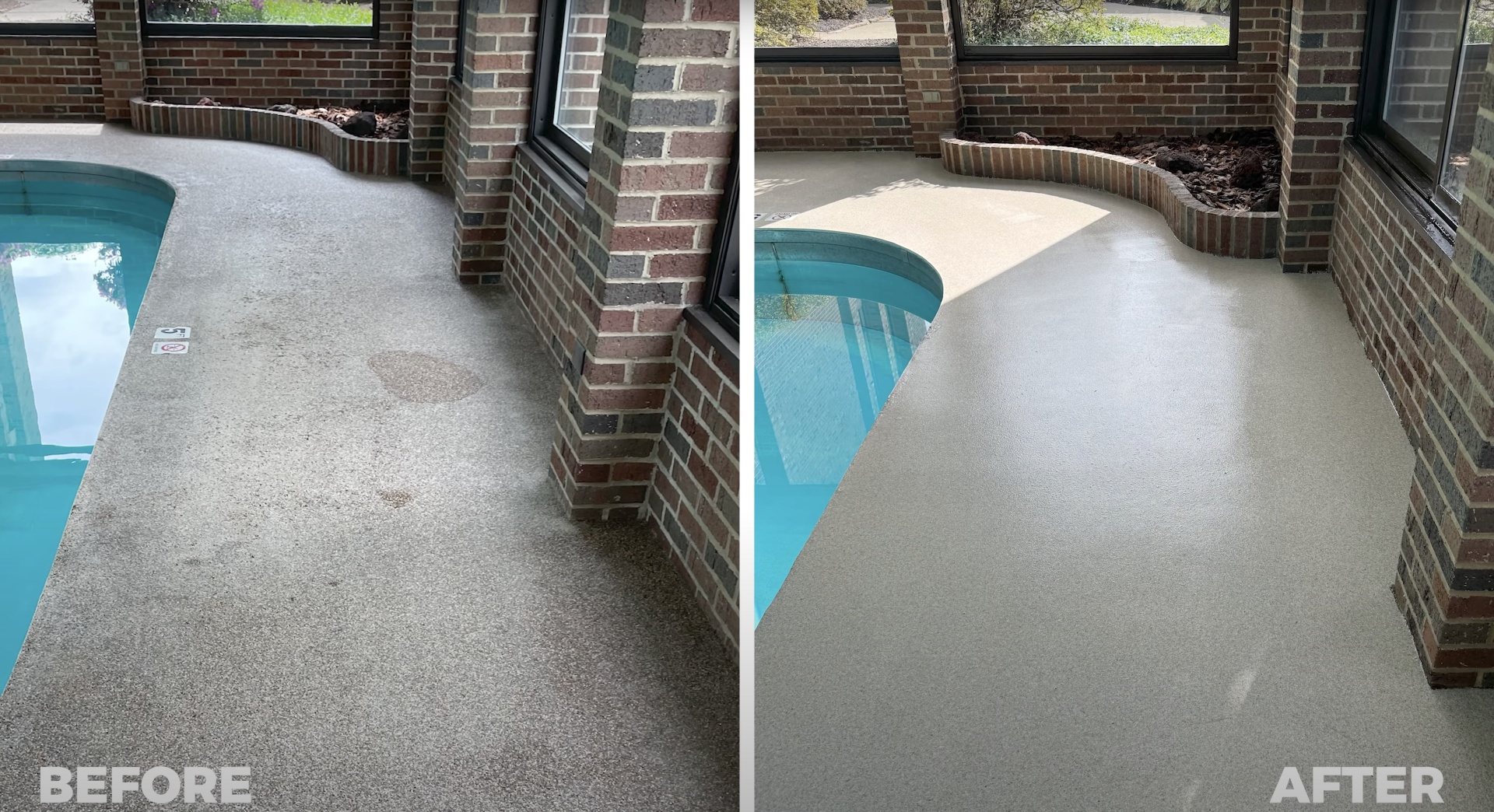 Pool deck resurfacing - before and after results by Henderson Concrete Pros Before and after pool deck concrete resurfacing transformation in Henderson, KY